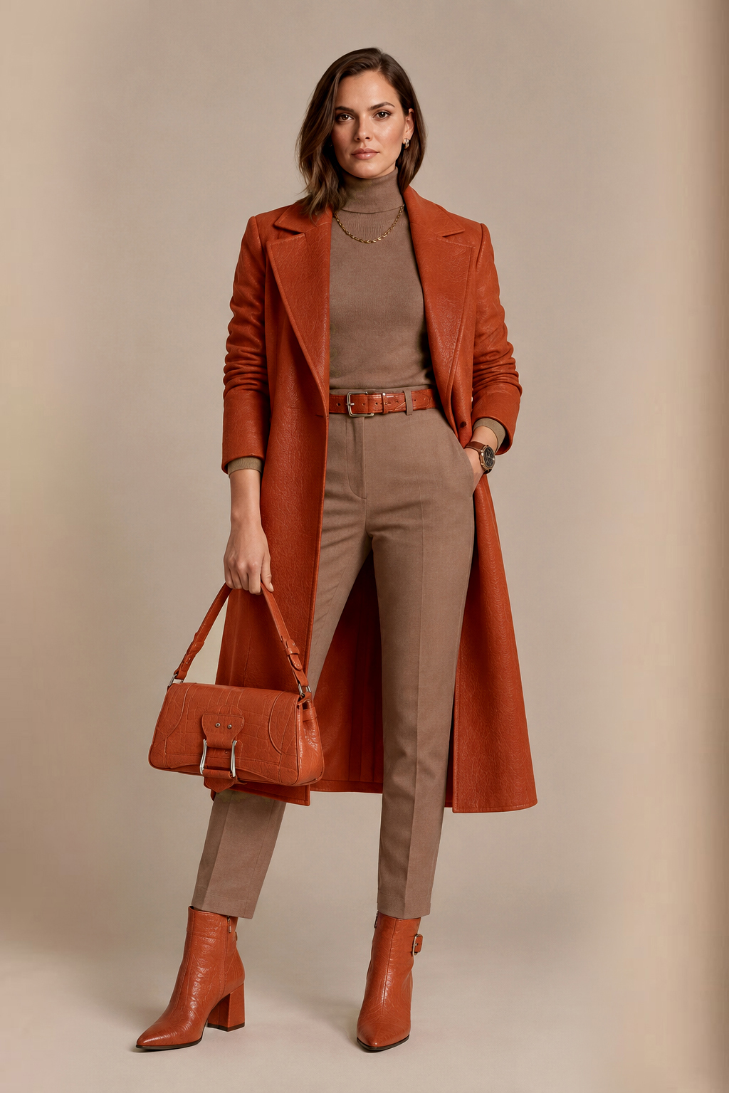 Women's terracotta back-buckle ankle boots with pointed toe and mid comma heel - Worn view